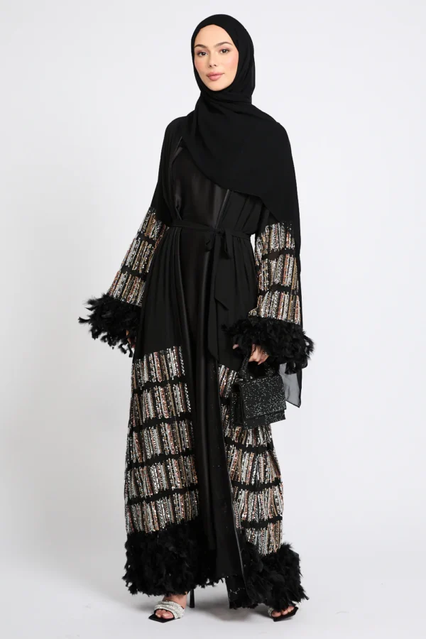 Luxury Feathers Of Twilight Open Abaya - Black