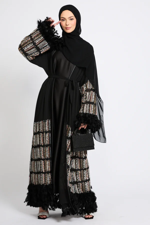 Luxury Feathers Of Twilight Open Abaya - Black - Image 3