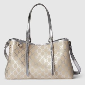 Gucci GG Emblem Small Tote Bag - Beige MetallicSilver