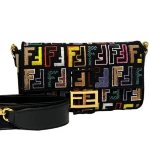 Fendi Baguette Multicolour Black Canvas Bag With FF Embroidery