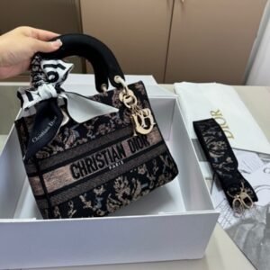 Lady D-Lite Bag Embroidered Canvas Medium Satchel - Black